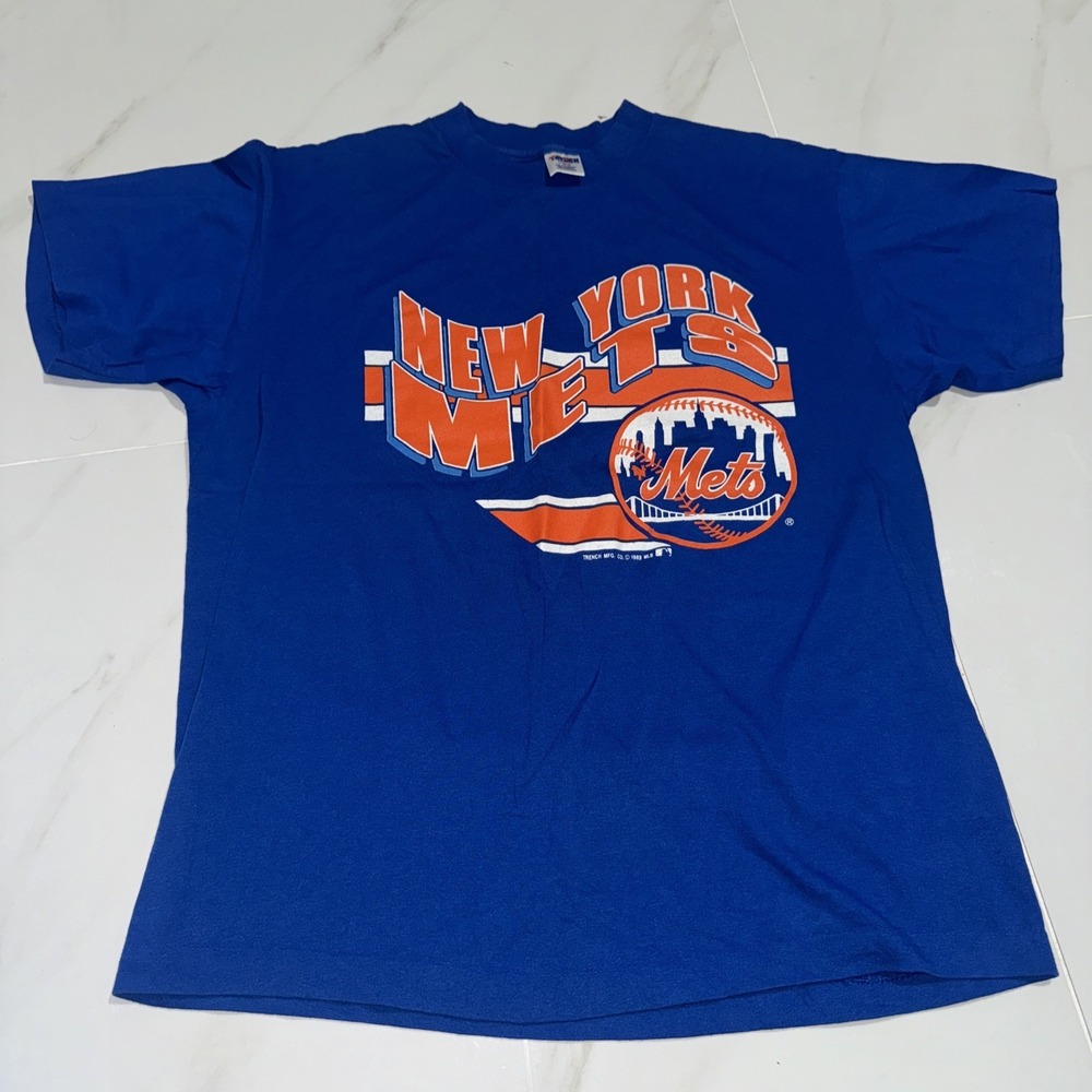 VTG Trench MLB New York Mets T-Shirt M Regular Blue 80s Graphic Single Stitch